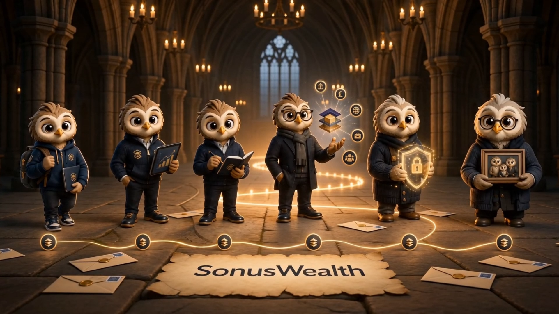 The six Sonu owls — starting out, building, established, optimising, protecting, and passing on — standing together in a candlelit hall.